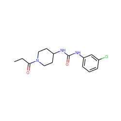 CCC(=O)N1CCC(NC(=O)Nc2cccc(Cl)c2)CC1 ZINC000064539912