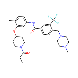 CCC(=O)N1CCC(Oc2cc(NC(=O)c3ccc(CN4CCN(C)CC4)c(C(F)(F)F)c3)ccc2C)CC1 ZINC001772628070