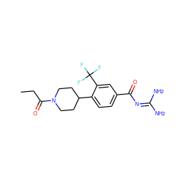 CCC(=O)N1CCC(c2ccc(C(=O)N=C(N)N)cc2C(F)(F)F)CC1 ZINC000095556722