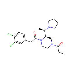 CCC(=O)N1CCN(C(=O)Cc2ccc(Cl)c(Cl)c2)[C@@H]([C@@H](C)N2CCCC2)C1 ZINC000013863715