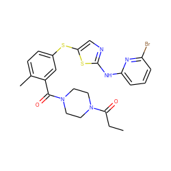 CCC(=O)N1CCN(C(=O)c2cc(Sc3cnc(Nc4cccc(Br)n4)s3)ccc2C)CC1 ZINC000029038354