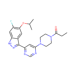 CCC(=O)N1CCN(c2cc(-c3n[nH]c4cc(F)c(OC(C)C)cc34)ncn2)CC1 ZINC000225550723