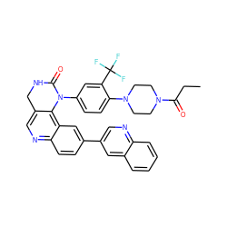 CCC(=O)N1CCN(c2ccc(N3C(=O)NCc4cnc5ccc(-c6cnc7ccccc7c6)cc5c43)cc2C(F)(F)F)CC1 ZINC000064539524