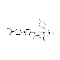 CCC(=O)N1CCN(c2ccc(NC(=O)c3cc(=O)c4cc(F)cc(N5CCN(C)CC5)c4o3)cc2)CC1 ZINC000033975018