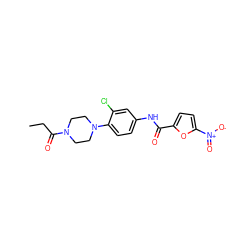 CCC(=O)N1CCN(c2ccc(NC(=O)c3ccc([N+](=O)[O-])o3)cc2Cl)CC1 ZINC000004412862