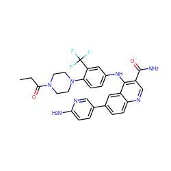 CCC(=O)N1CCN(c2ccc(Nc3c(C(N)=O)cnc4ccc(-c5ccc(N)nc5)cc34)cc2C(F)(F)F)CC1 ZINC000653755964