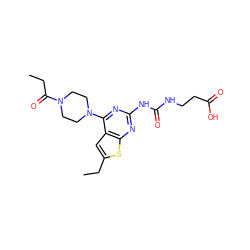 CCC(=O)N1CCN(c2nc(NC(=O)NCCC(=O)O)nc3sc(CC)cc23)CC1 ZINC000045257082