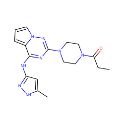 CCC(=O)N1CCN(c2nc(Nc3cc(C)[nH]n3)c3cccn3n2)CC1 ZINC000066111661