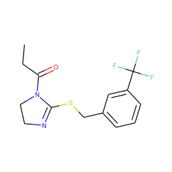 CCC(=O)N1CCN=C1SCc1cccc(C(F)(F)F)c1 ZINC000004120419