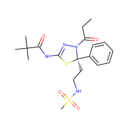 CCC(=O)N1N=C(NC(=O)C(C)(C)C)S[C@]1(CCNS(C)(=O)=O)c1ccccc1 ZINC000036489392