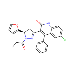 CCC(=O)N1N=C(c2c(-c3ccccc3)c3cc(Cl)ccc3[nH]c2=O)C[C@@H]1c1ccco1 ZINC000016319881