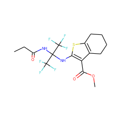 CCC(=O)NC(Nc1sc2c(c1C(=O)OC)CCCC2)(C(F)(F)F)C(F)(F)F ZINC000000721254