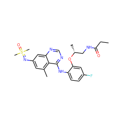 CCC(=O)NC[C@@H](C)Oc1cc(F)ccc1Nc1ncnc2cc(N=S(C)(C)=O)cc(C)c12 ZINC001772651727