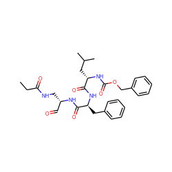 CCC(=O)NC[C@@H](C=O)NC(=O)[C@H](Cc1ccccc1)NC(=O)[C@H](CC(C)C)NC(=O)OCc1ccccc1 ZINC000026674125