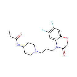 CCC(=O)NC1CCN(CCCN2C(=O)COc3cc(F)c(F)cc32)CC1 ZINC000064750389