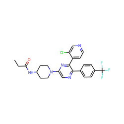 CCC(=O)NC1CCN(c2cnc(-c3ccc(C(F)(F)F)cc3)c(-c3ccncc3Cl)n2)CC1 ZINC000040973880