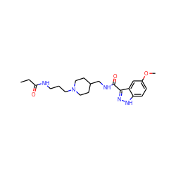 CCC(=O)NCCCN1CCC(CNC(=O)c2n[nH]c3ccc(OC)cc23)CC1 ZINC000205787016