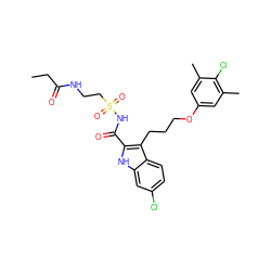 CCC(=O)NCCS(=O)(=O)NC(=O)c1[nH]c2cc(Cl)ccc2c1CCCOc1cc(C)c(Cl)c(C)c1 ZINC000222508772