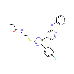 CCC(=O)NCCSc1nc(-c2ccc(F)cc2)c(-c2ccnc(Nc3ccccc3)c2)[nH]1 ZINC001772622610