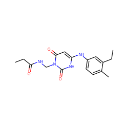 CCC(=O)NCn1c(=O)cc(Nc2ccc(C)c(CC)c2)[nH]c1=O ZINC000028527148