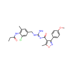 CCC(=O)Nc1c(C)cc(CN/C(N)=N/C(=O)c2c(-c3ccc(OC)cc3)noc2C)cc1Cl ZINC000095578796