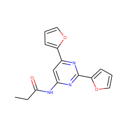 CCC(=O)Nc1cc(-c2ccco2)nc(-c2ccco2)n1 ZINC000066100176