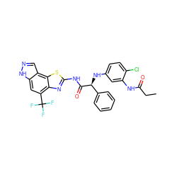 CCC(=O)Nc1cc(N[C@H](C(=O)Nc2nc3c(C(F)(F)F)cc4[nH]ncc4c3s2)c2ccccc2)ccc1Cl ZINC000142298745