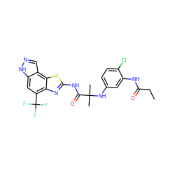 CCC(=O)Nc1cc(NC(C)(C)C(=O)Nc2nc3c(C(F)(F)F)cc4[nH]ncc4c3s2)ccc1Cl ZINC000115722812