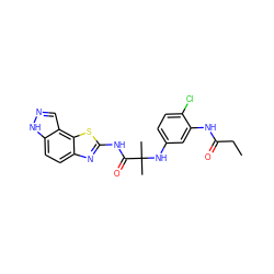 CCC(=O)Nc1cc(NC(C)(C)C(=O)Nc2nc3ccc4[nH]ncc4c3s2)ccc1Cl ZINC000115722140