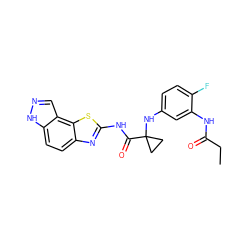 CCC(=O)Nc1cc(NC2(C(=O)Nc3nc4ccc5[nH]ncc5c4s3)CC2)ccc1F ZINC000115719536