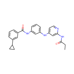CCC(=O)Nc1cc(Nc2cccc(NC(=O)c3cccc(C4CC4)c3)c2)ccn1 ZINC000653853286
