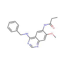 CCC(=O)Nc1cc2c(NCc3ccccc3)ncnc2cc1OC ZINC001772637632