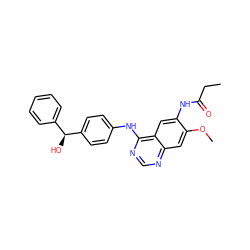 CCC(=O)Nc1cc2c(Nc3ccc([C@@H](O)c4ccccc4)cc3)ncnc2cc1OC ZINC001772643574