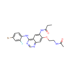 CCC(=O)Nc1cc2c(Nc3ccc(Br)cc3F)ncnc2cc1OCCNC(C)=O ZINC000137935303