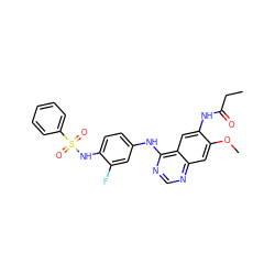 CCC(=O)Nc1cc2c(Nc3ccc(NS(=O)(=O)c4ccccc4)c(F)c3)ncnc2cc1OC ZINC001772606309