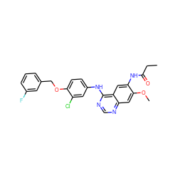 CCC(=O)Nc1cc2c(Nc3ccc(OCc4cccc(F)c4)c(Cl)c3)ncnc2cc1OC ZINC001772569718