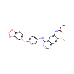 CCC(=O)Nc1cc2c(Nc3ccc(Oc4ccc5c(c4)OCO5)cc3)ncnc2cc1OC ZINC001772572947