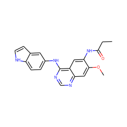 CCC(=O)Nc1cc2c(Nc3ccc4[nH]ccc4c3)ncnc2cc1OC ZINC001772571701