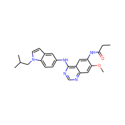 CCC(=O)Nc1cc2c(Nc3ccc4c(ccn4CC(C)C)c3)ncnc2cc1OC ZINC001772610335