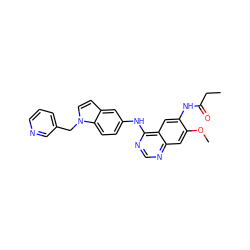 CCC(=O)Nc1cc2c(Nc3ccc4c(ccn4Cc4cccnc4)c3)ncnc2cc1OC ZINC001772627145