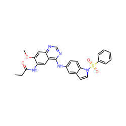 CCC(=O)Nc1cc2c(Nc3ccc4c(ccn4S(=O)(=O)c4ccccc4)c3)ncnc2cc1OC ZINC001772616920