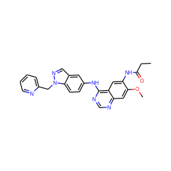 CCC(=O)Nc1cc2c(Nc3ccc4c(cnn4Cc4ccccn4)c3)ncnc2cc1OC ZINC001772592211