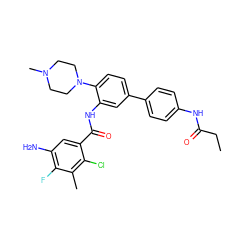 CCC(=O)Nc1ccc(-c2ccc(N3CCN(C)CC3)c(NC(=O)c3cc(N)c(F)c(C)c3Cl)c2)cc1 ZINC001772654396