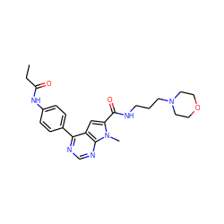 CCC(=O)Nc1ccc(-c2ncnc3c2cc(C(=O)NCCCN2CCOCC2)n3C)cc1 ZINC000653853376