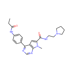 CCC(=O)Nc1ccc(-c2ncnc3c2cc(C(=O)NCCN2CCCC2)n3C)cc1 ZINC000653844319