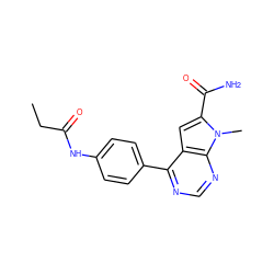 CCC(=O)Nc1ccc(-c2ncnc3c2cc(C(N)=O)n3C)cc1 ZINC000653856195