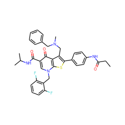 CCC(=O)Nc1ccc(-c2sc3c(c2CN(C)Cc2ccccc2)c(=O)c(C(=O)NC(C)C)cn3Cc2c(F)cccc2F)cc1 ZINC000049938417