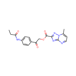 CCC(=O)Nc1ccc(C(=O)COC(=O)c2nc3nccc(C)n3n2)cc1 ZINC000003327801