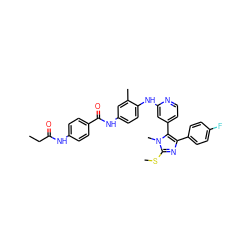 CCC(=O)Nc1ccc(C(=O)Nc2ccc(Nc3cc(-c4c(-c5ccc(F)cc5)nc(SC)n4C)ccn3)c(C)c2)cc1 ZINC001772643425