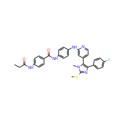 CCC(=O)Nc1ccc(C(=O)Nc2ccc(Nc3cc(-c4c(-c5ccc(F)cc5)nc(SC)n4C)ccn3)cc2)cc1 ZINC001772618600